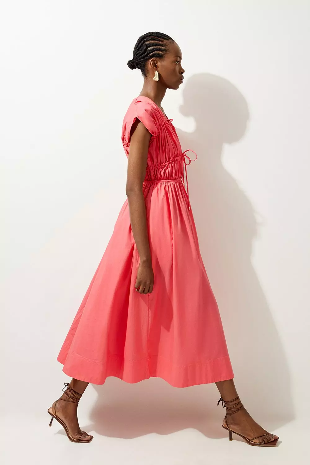 Pink Shirred Bodice Tie Woven Midi Dress alternative image