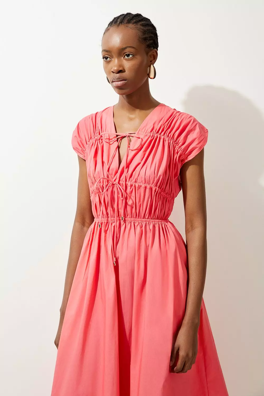 Pink Shirred Bodice Tie Woven Midi Dress alternative image