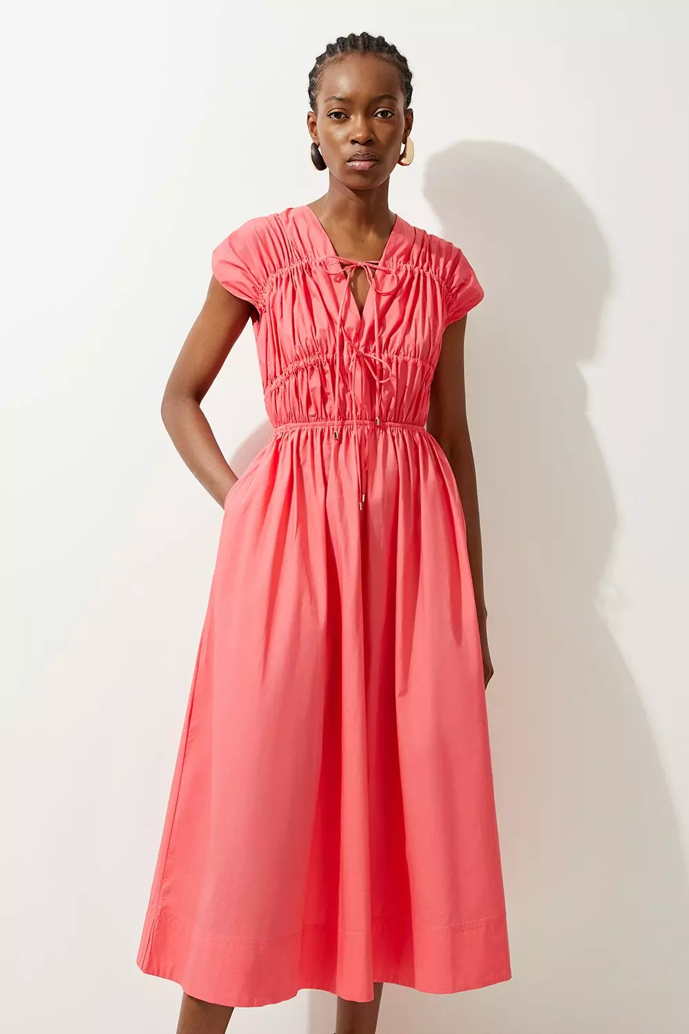 Pink Shirred Bodice Tie Woven Midi Dress alternative image