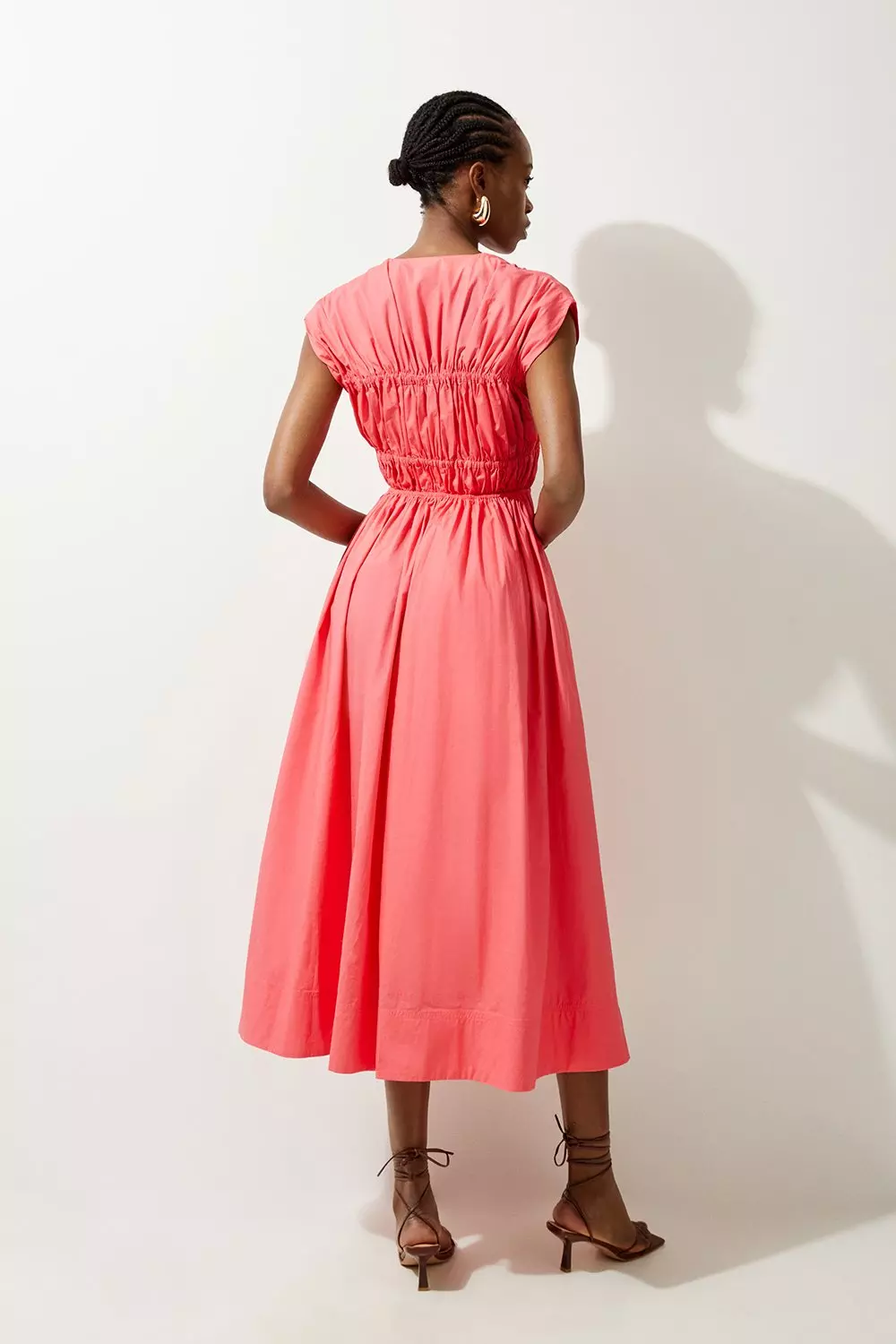 Pink Shirred Bodice Tie Woven Midi Dress alternative image