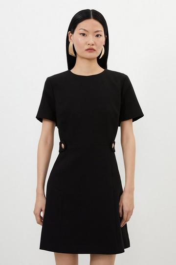 Black Compact Stretch Essential Waist Tab Detail Tailored Mini Dress