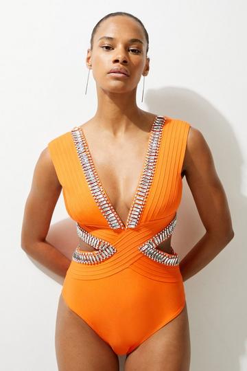 Bandage Embellished Trim Cut Out Swimsuit orange