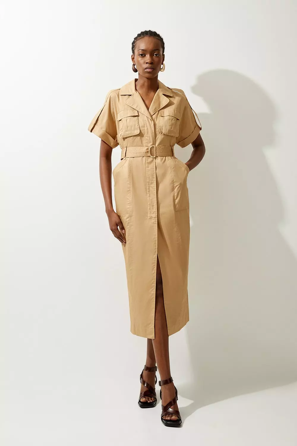 Cotton Sateen Woven Cargo Short Sleeve Shirt Midi Dress Karen Millen