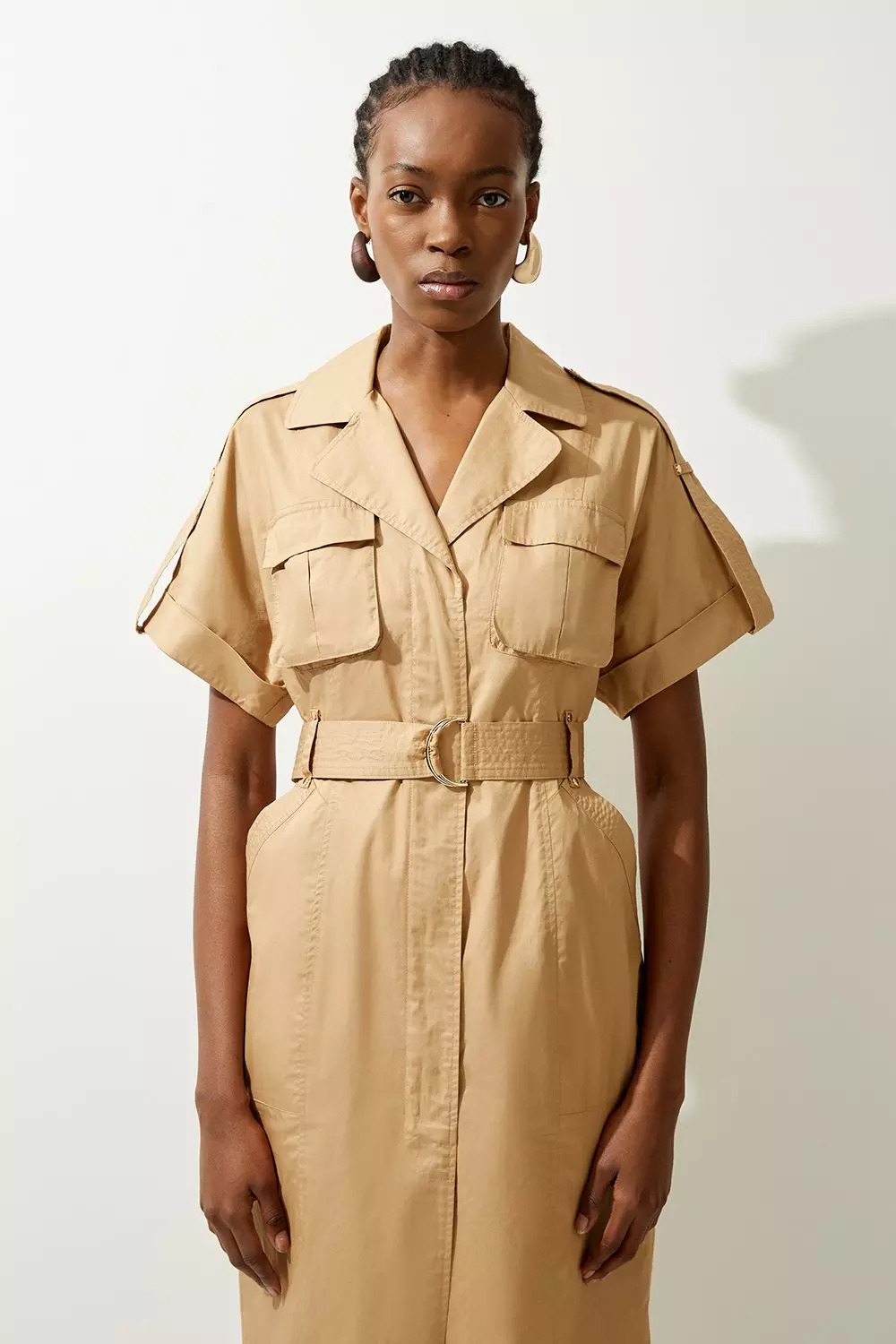 Cotton Sateen Woven Cargo Short Sleeve Shirt Midi Dress Karen Millen