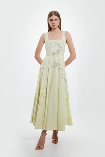 Linen Cotton Hand Embellished Woven Prom Dress lemon