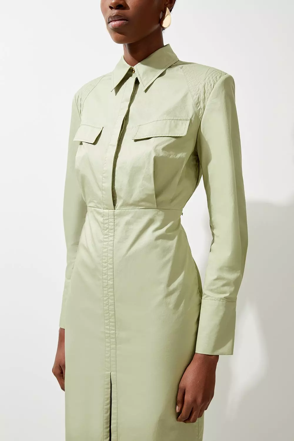 Cotton Sateen Woven Cargo Shirt Midi Dress | Karen Millen