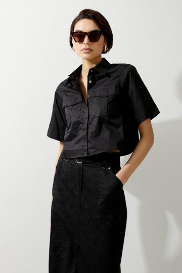 Cotton Sateen Woven Cargo Crop Shirt black