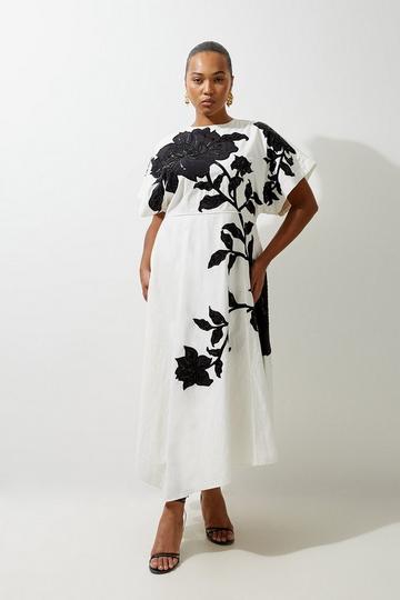 Plus Size Linen Cotton Hand Embellished Bow Midaxi Dress mono