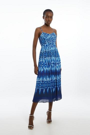Blue Floral Pleat Detail Woven Strappy Dress