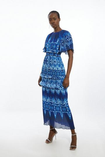 Blue Floral Pleat Detail Woven Midaxi Dress