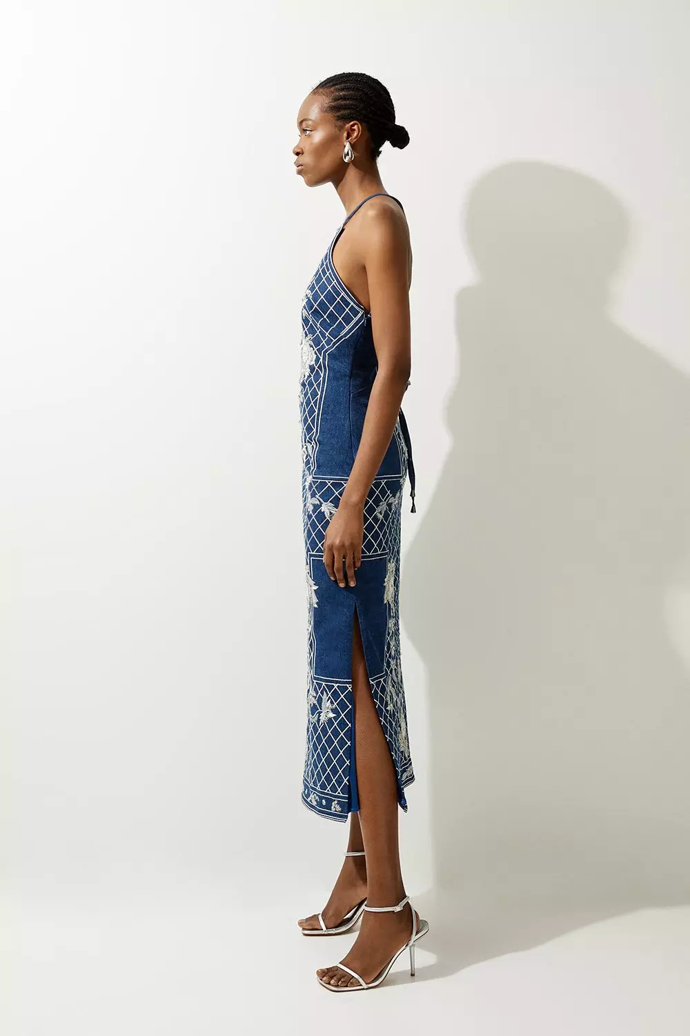 Beaded Embellished Denim Woven Halter Midi Dress | Karen Millen