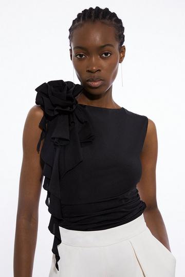 Black Dramatic Rosette Slinky Jersey Top