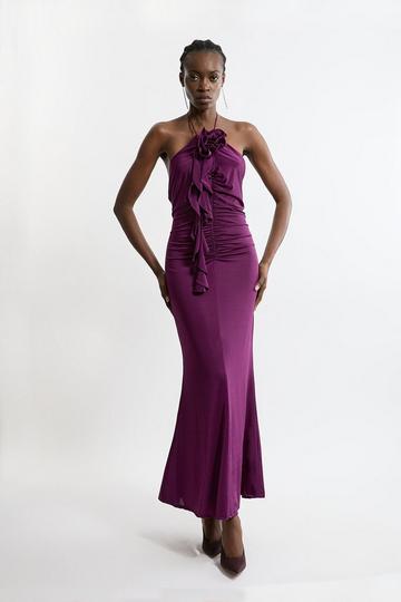 Tall Backless Tie Rosette Slinky Jersey Maxi Dress plum