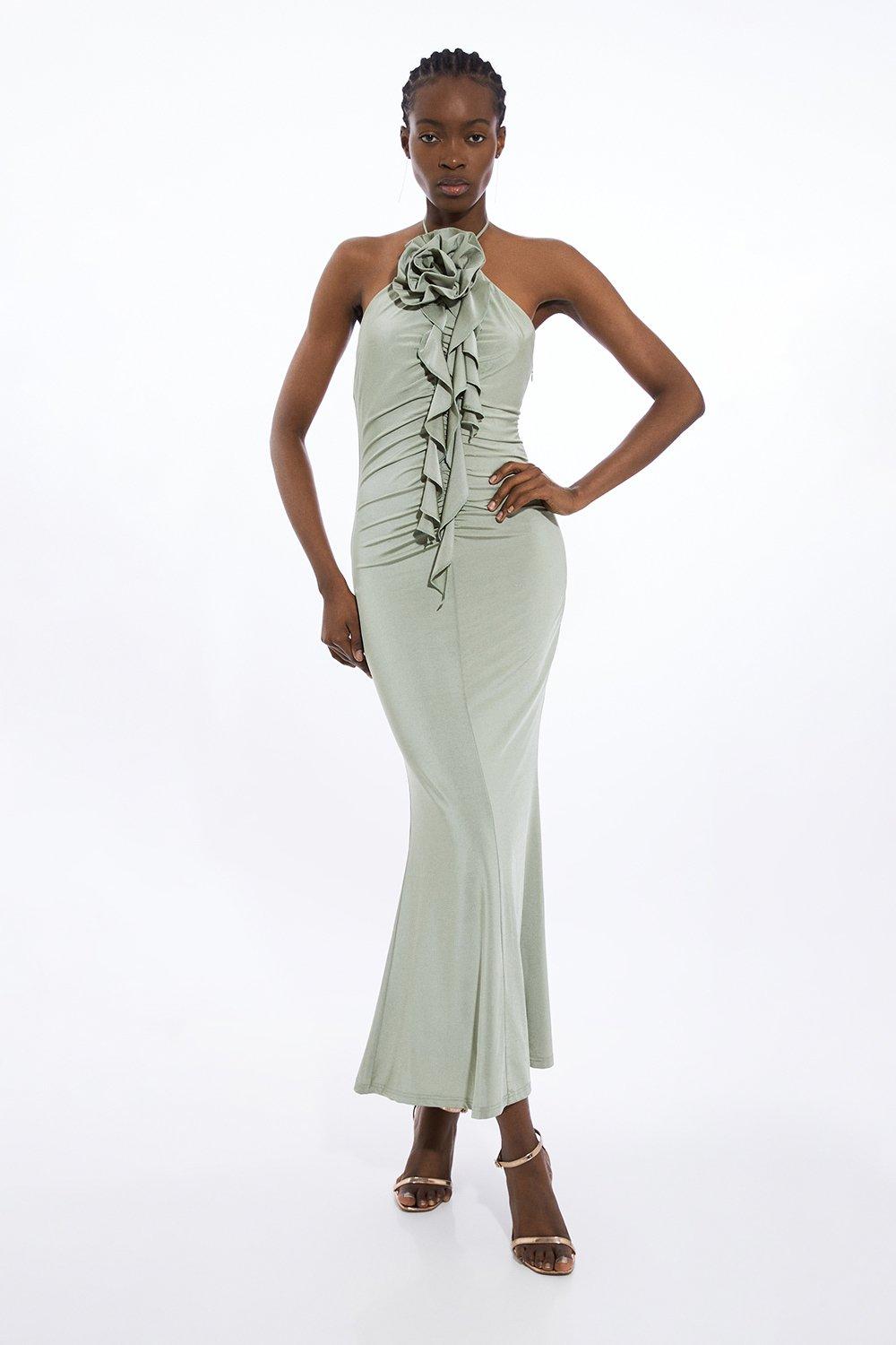 Tall Backless Tie Rosette Slinky Jersey Maxi Dress