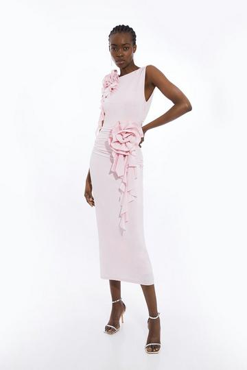 Pink Petite Rose Print Drapey Crepe Jersey Maxi Dress