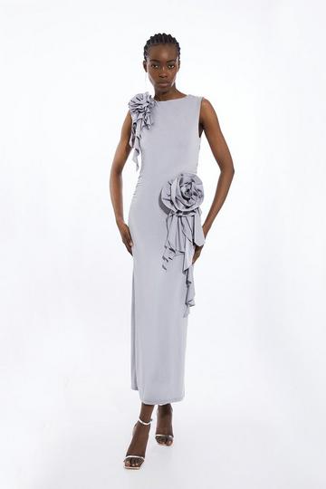 Rosette Slinky Jersey Maxi Dress silver
