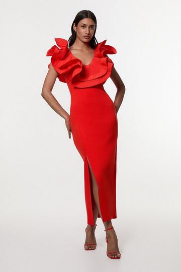 Ruffle Ponte And Cotton Mix Jersey Side Split Maxi Dress orange