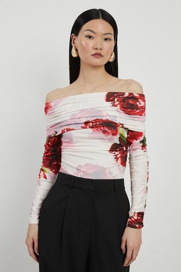 Rose Print Drapey Crepe Jersey Off The Shoulder Bodysuit floral