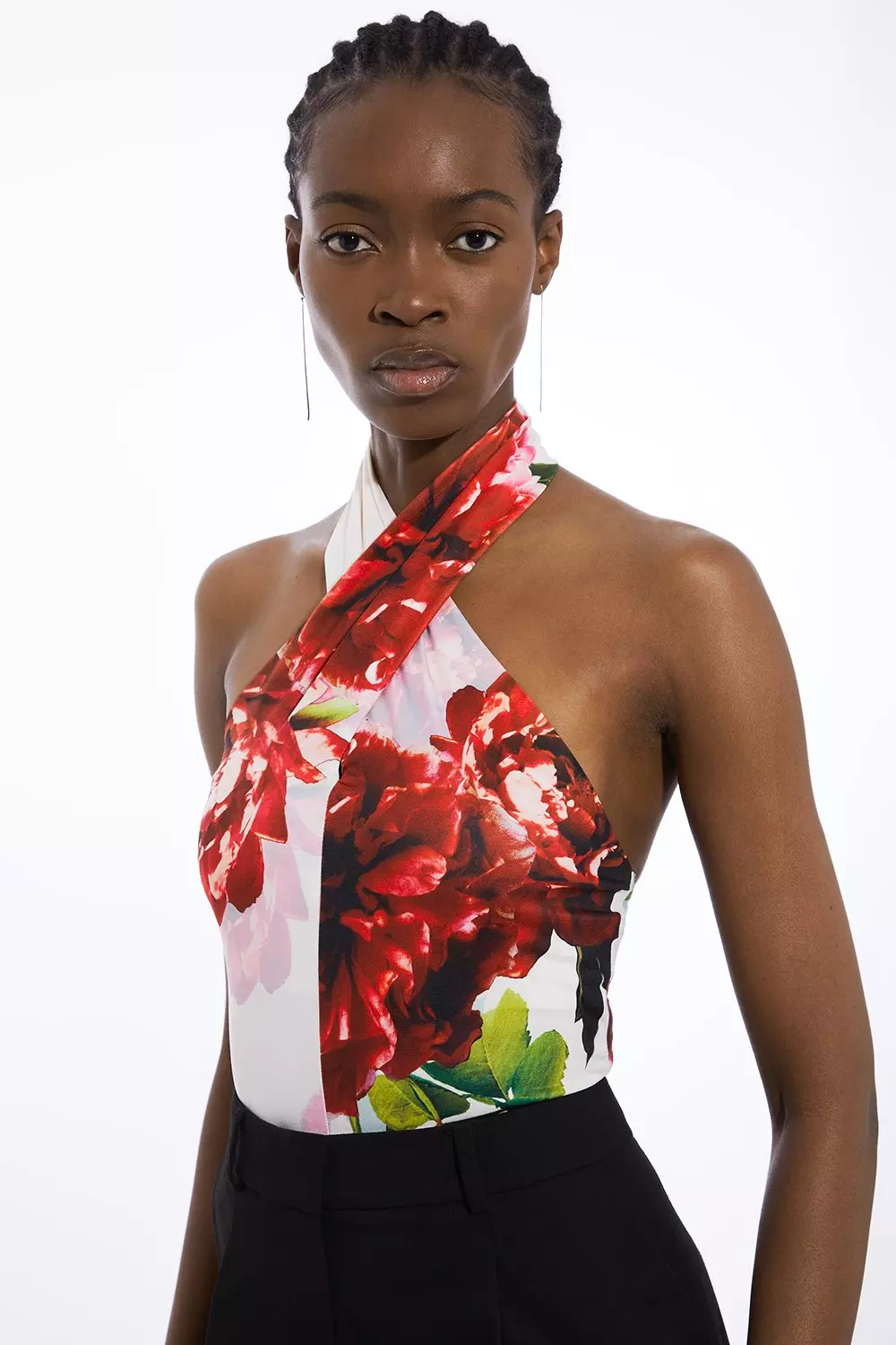 Rose Print Cross Neck Drapey Crepe Jersey Bodysuit | Karen Millen