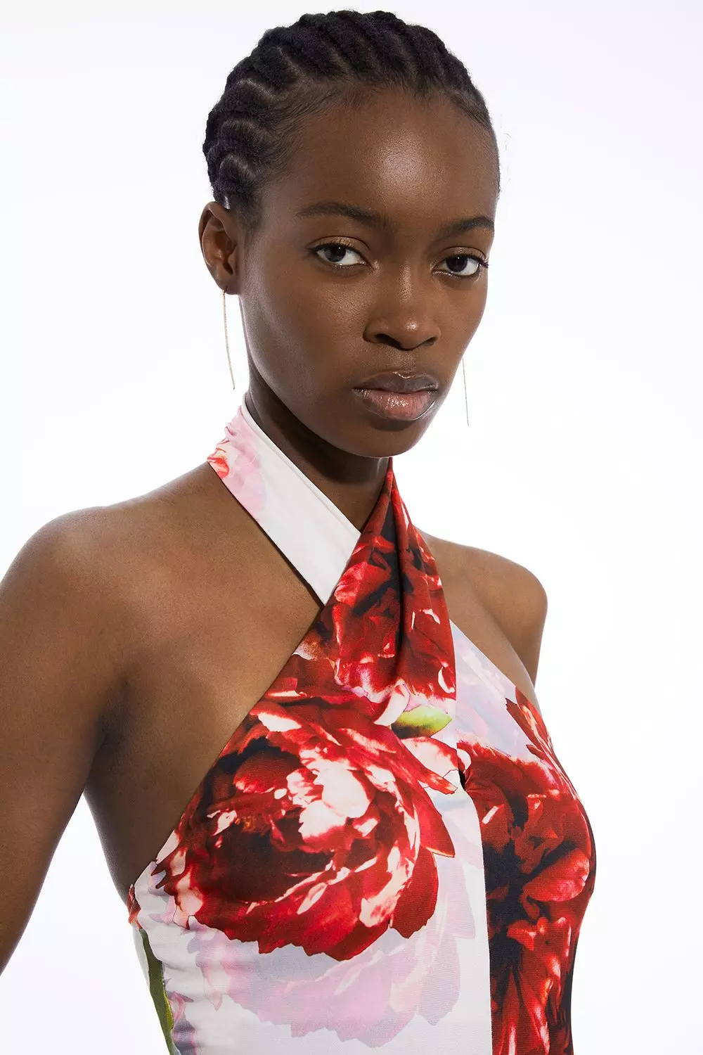Rose Print Cross Neck Drapey Crepe Jersey Bodysuit | Karen Millen