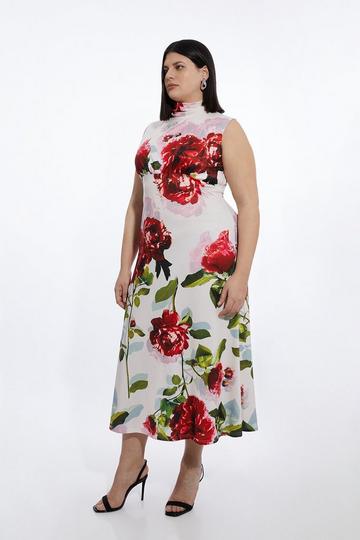 Plus Size Rose High Neck Drapey Crepe Jersey Maxi Dress floral