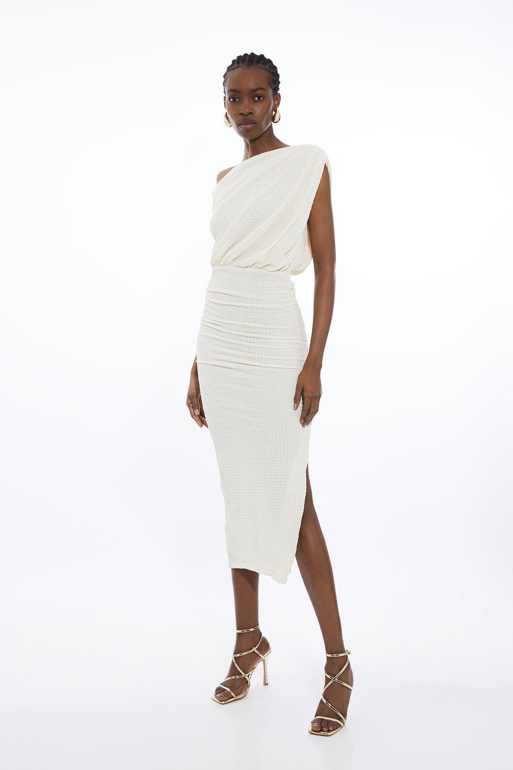 Petite One Shoulder Ruched Textured Jersey Maxi Dress | Karen Millen