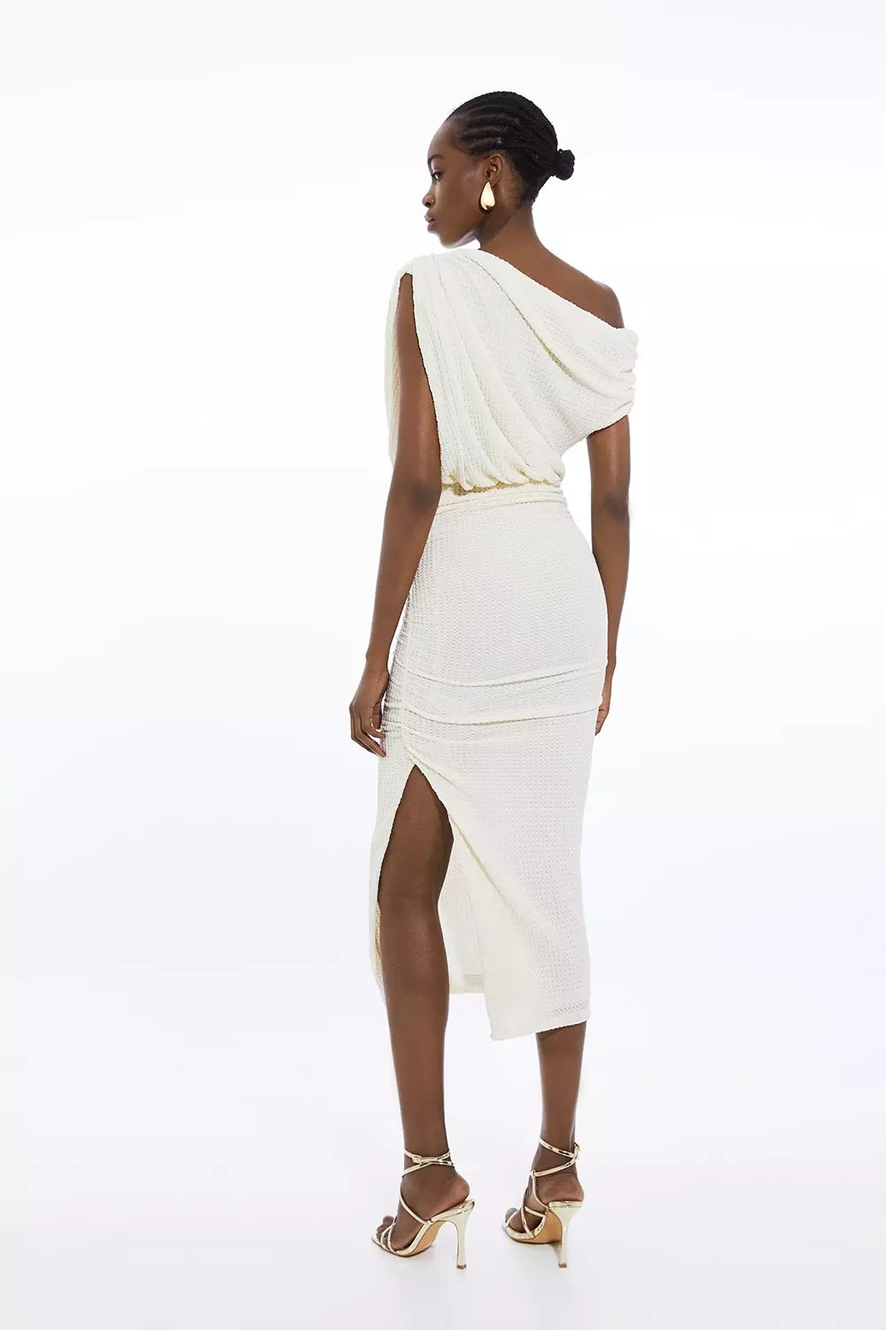 Petite One Shoulder Ruched Textured Jersey Midi Dress Karen Millen