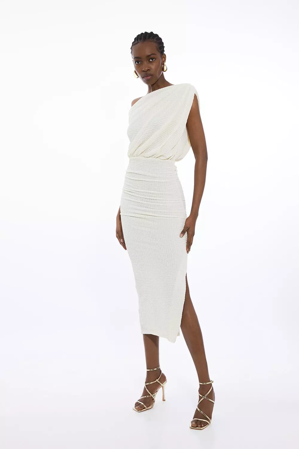 One Shoulder Ruched Textured Jersey Midi Dress Karen Millen