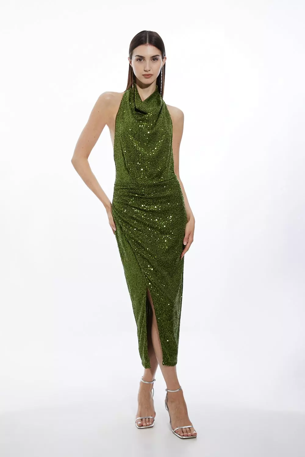 Petite Halterneck Sequin Jersey Side Split Maxi Dress Karen Millen