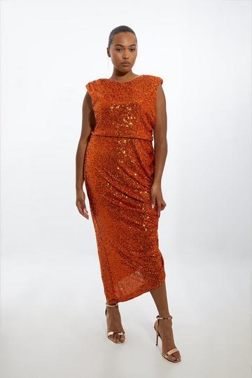 Orange Plus Size Ruched Sequin Jersey Midi Dress