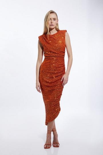 Orange Ruched Sequin Jersey Midi Dress