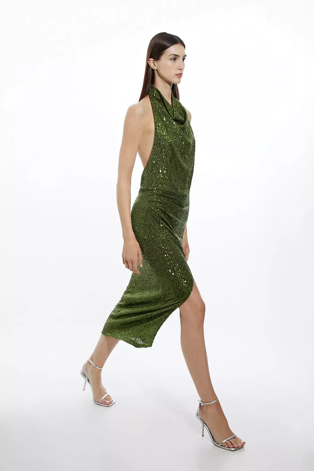 Halterneck Sequin Jersey Side Split Maxi Dress | Karen Millen