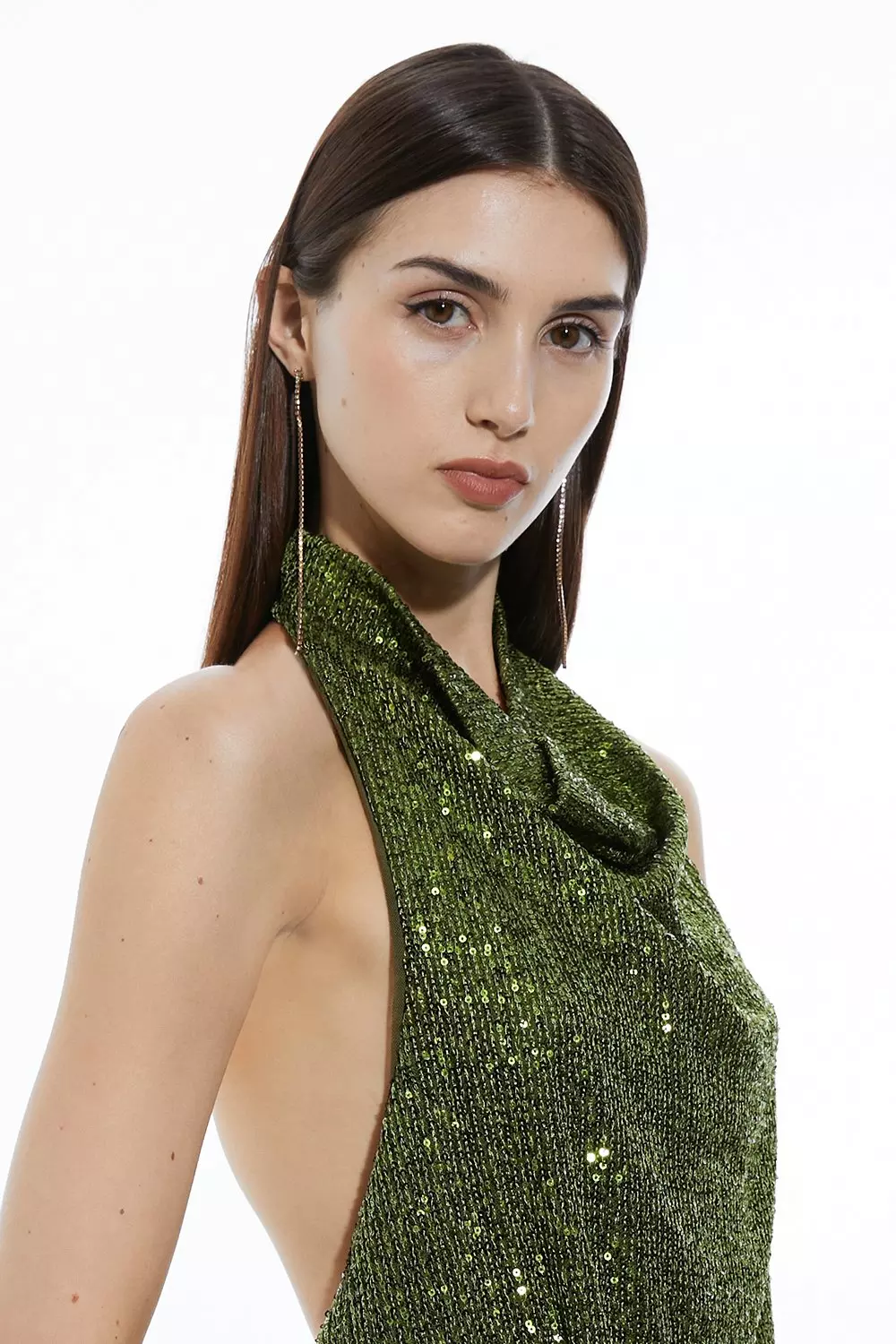 Halterneck Sequin Jersey Side Split Maxi Dress | Karen Millen
