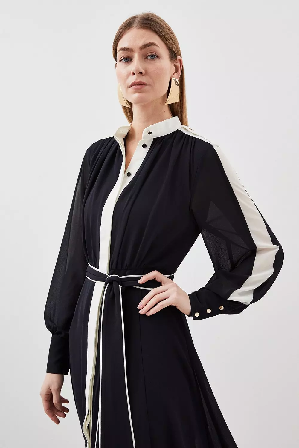 【KAREN MILLEN】Petite Military Belted Sheer Midi Dress KAREN MILLEN Petite Military Belted Sheer Woven Midi Dress