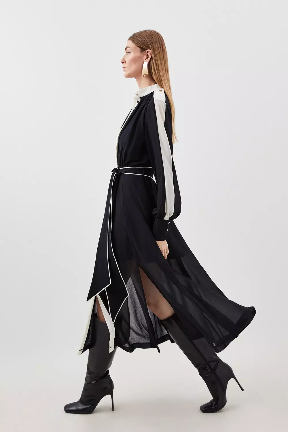 Petite Military Mono Belted Long Sleeve Woven Midi Dress