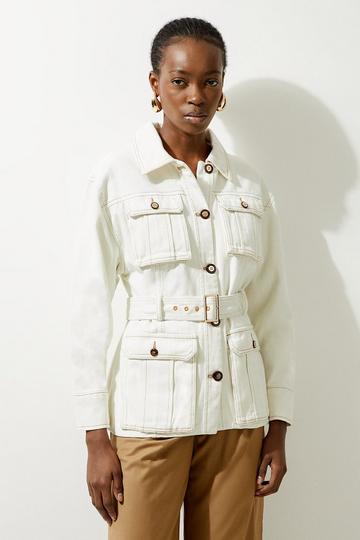 Denim Pocket Detail Belted Safari Jacket cream