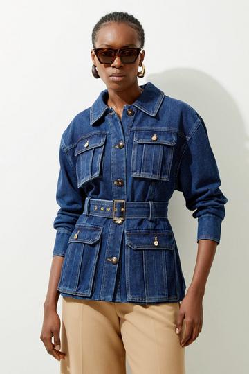 Blue Denim Pocket Detail Belted Safari Jacket