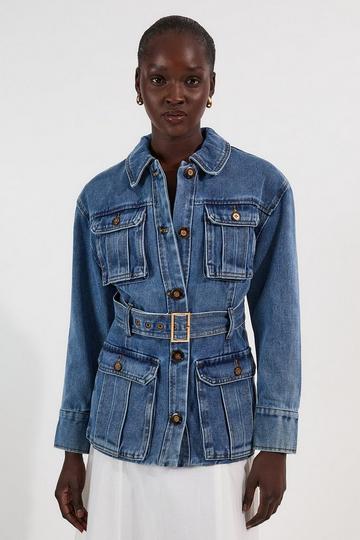 Blue Denim Pocket Detail Belted Safari Jacket