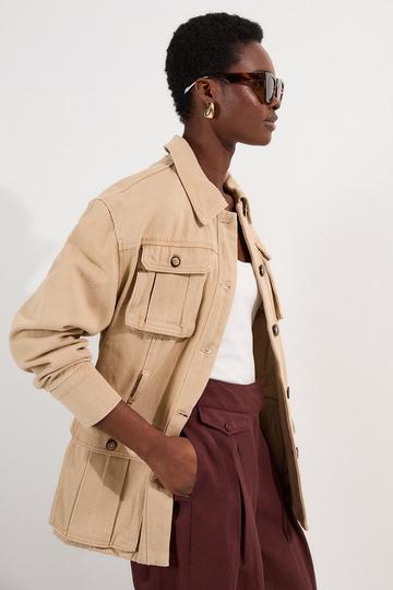 Denim Pocket Detail Belted Safari Jacket stone