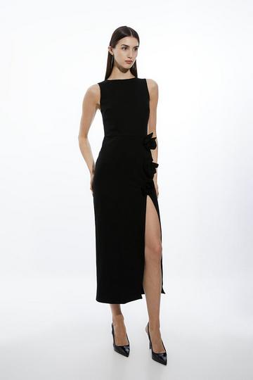 Black Rosette Ponte Jersey Slit Maxi Dress