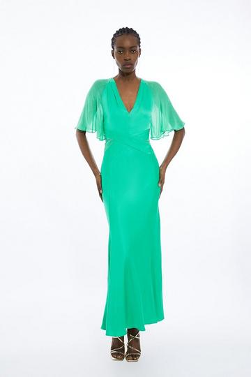 Tall Viscose Georgette Angel Sleeve Woven Maxi Dress green