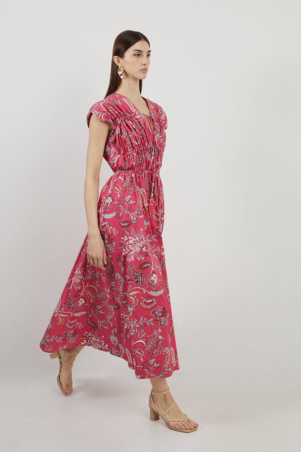 Batik Floral Printed Cotton Woven Midi Dress - Discount £45