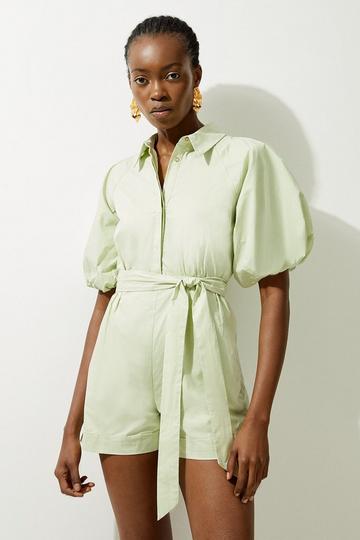 Cotton Pleated Woven Romper sage