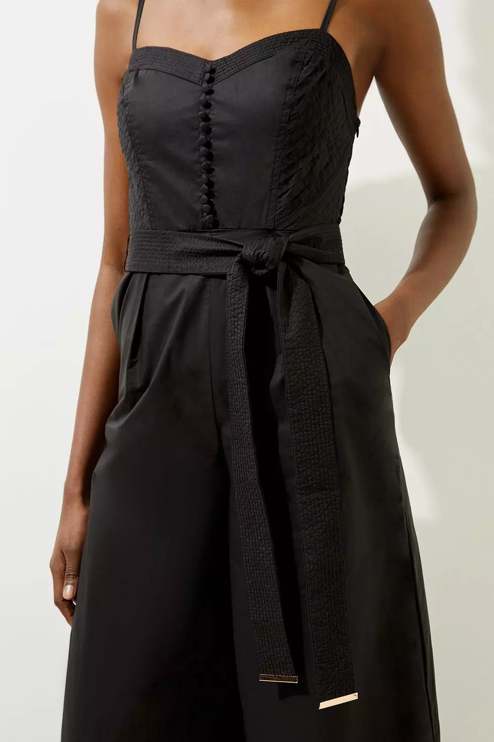 Cotton Top Stitch Pleated Woven Jumpsuit | Karen Millen