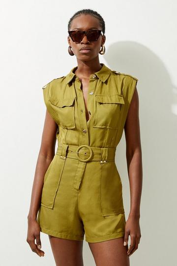 Premium Viscose Linen Woven Playsuit khaki