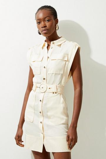 Premium Viscose Linen Woven Shirt Mini Dress stone
