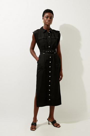 Premium Viscose Linen Woven Shirt Midi Dress black