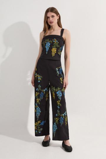 Black Floral Embroidered Cotton Linen Woven Wide Leg Trousers