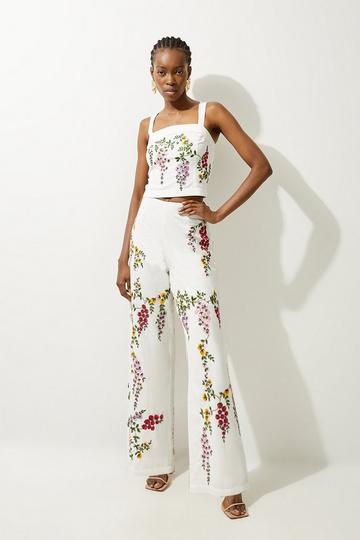 Floral Embroidered Cotton Canvas Woven Wide Leg Trousers floral