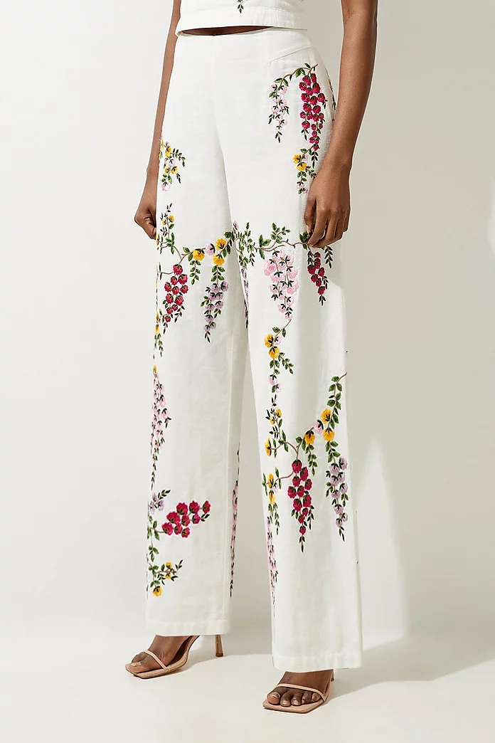 Floral Embroidered Cotton Linen Woven Wide Leg Pants | Karen Floral Embroidered Cotton Linen Woven Wide Leg Pants | Karen